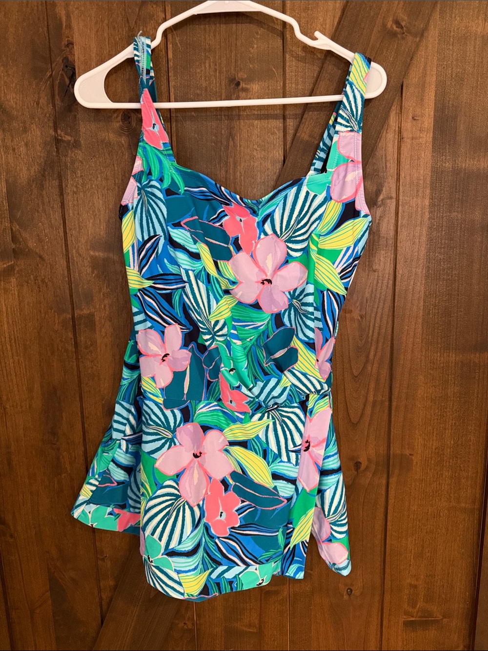 Tropical Floral One-Piece Swimdress in Teal and Pink